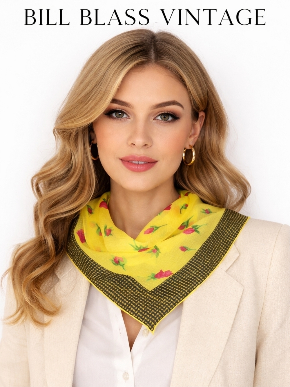 Vintage Bill Blass Silk Scarf Yellow Floral Tulip Houndstooth Border Square Scar